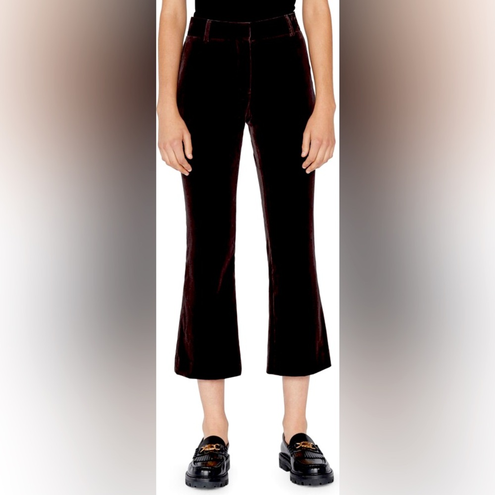 Frame Denim Cropped Velvet Flare Trousers in Burgundy